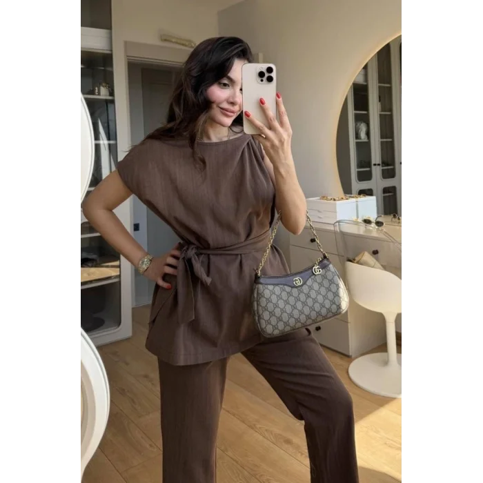 Kadın Omuz Detay Kuşak Dahil Bluz Ve Pantolon Keten Kumaş Ikili Takım