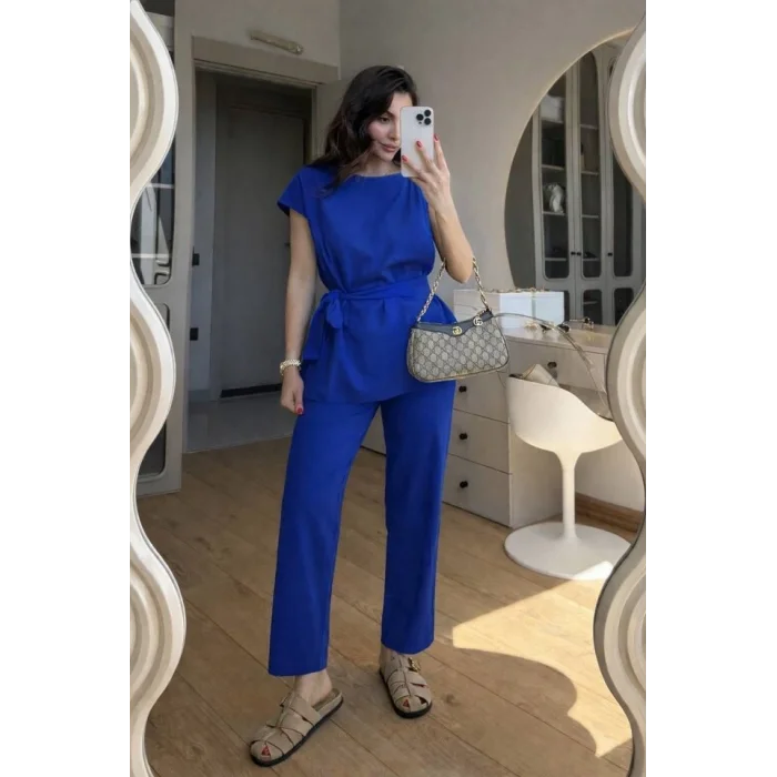 Kadın Omuz Detay Kuşak Dahil Bluz Ve Pantolon Keten Kumaş Ikili Takım