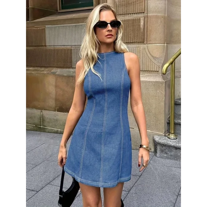 Kadın Omuzlardan Açık Bisiklet Yaka Kısa Kot Elbise