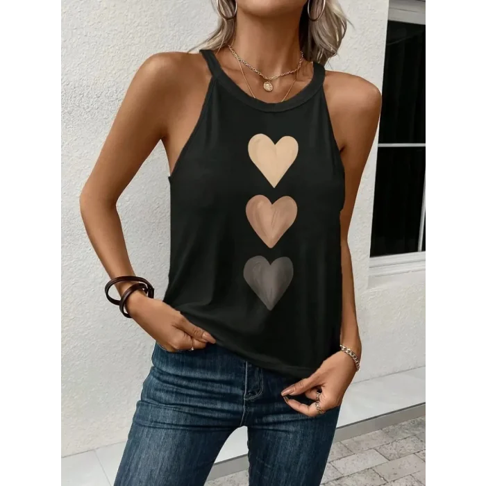 Kadın Omuzlardan Açık Boyundan Askılı Kalp Baskılı Viskon Bluz