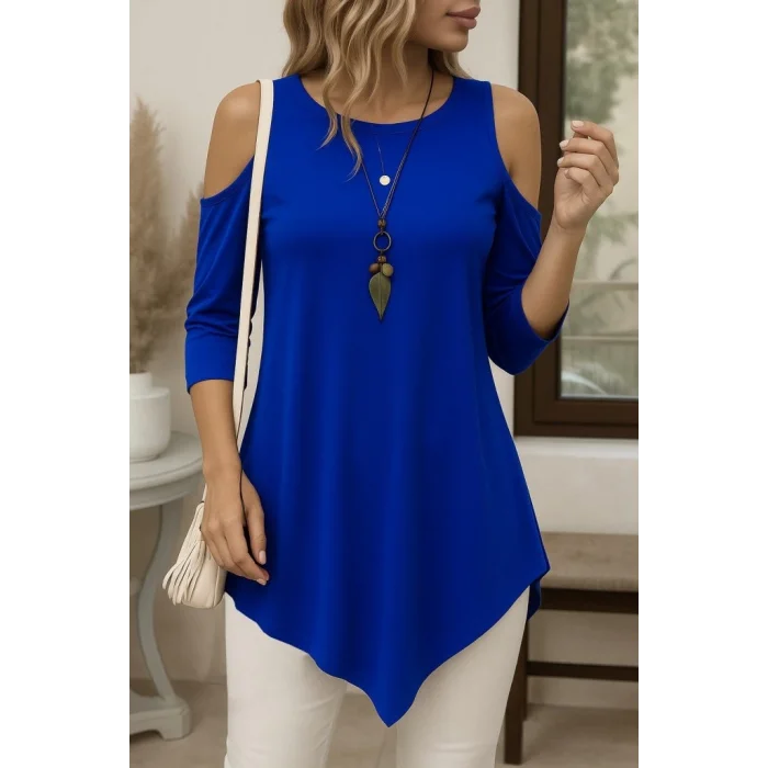 Kadın Omuzlardan Açık Sıfır Yaka Asimetrik Kesim Detay Viskon Bluz