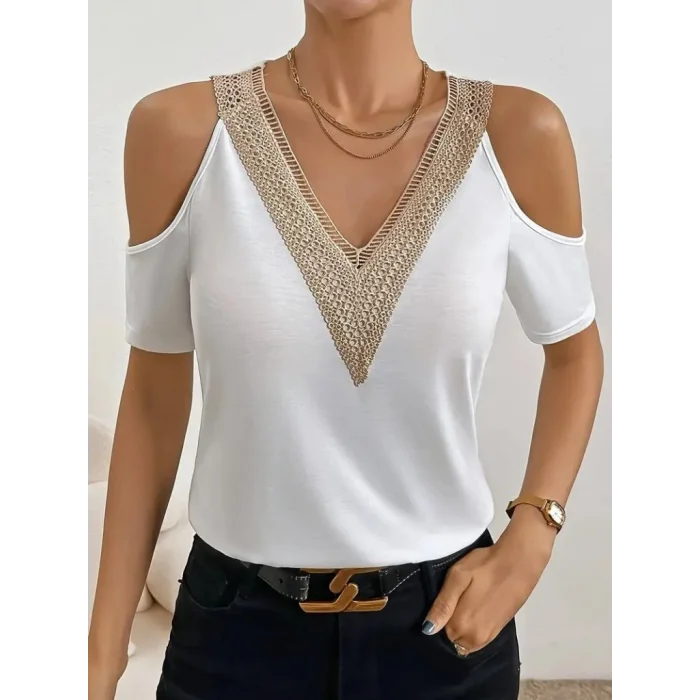 Kadın Omuzlardan Açık V Yakalı Viskon Bluz