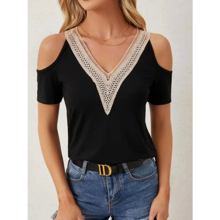 Kadın Omuzlardan Açık V Yakalı Viskon Bluz