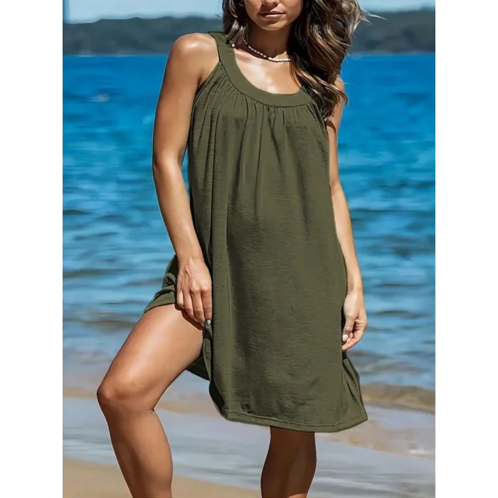 Kadın Omuzlardan Açık Yuvarlak Yaka Pileli Viskon Elbise