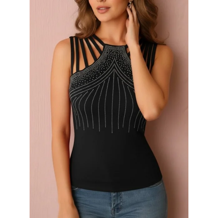 Kadın Omuzlardan Askı şerit Detaylı Taşlı Viskon Bluz