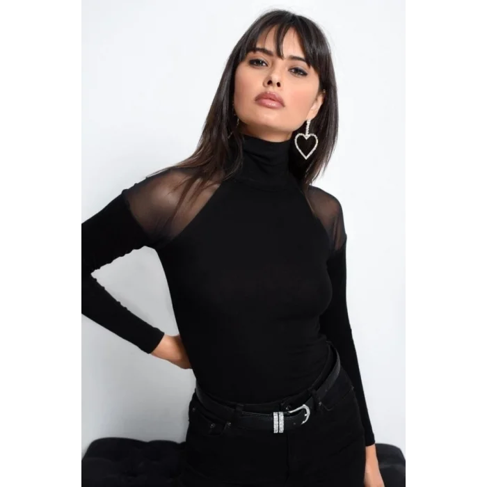 Kadın Omuzları Tül Balıkçı Yaka Viskon Kumaş Bluz