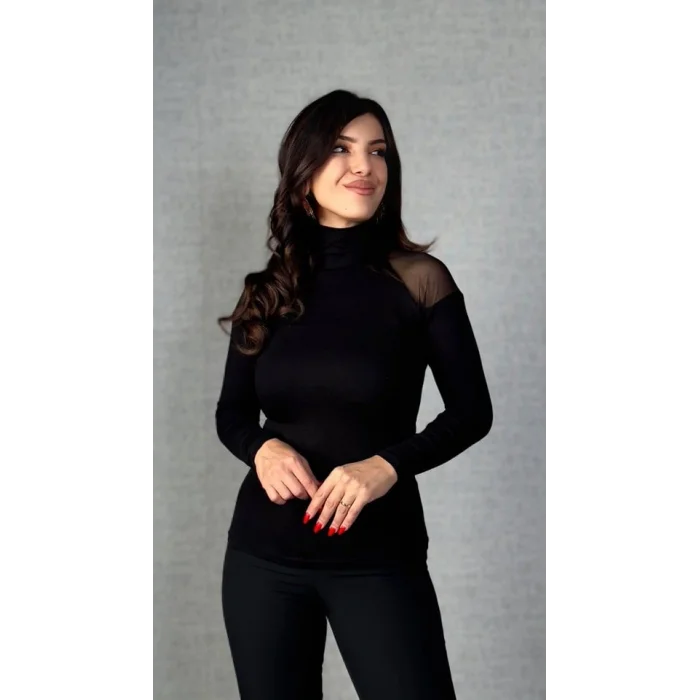 Kadın Omuzları Tül Balıkçı Yaka Viskon Kumaş Bluz