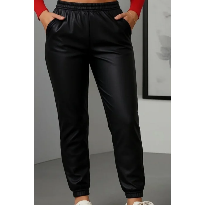 Kadın Paçası Lastikli Cep Detaylı Deri Tayt