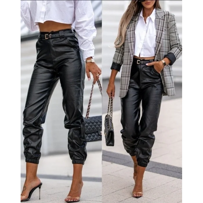 Kadın Pantolon Paçası Lastikli Deri Pantolon (kemersiz)