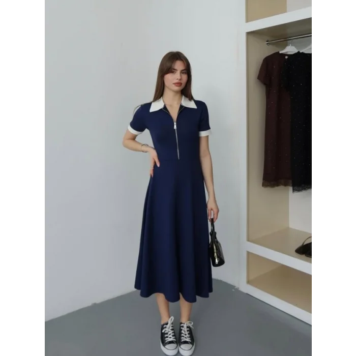 Kadın Polo Yaka Fermuar Detaylı Modal Midi Elbise