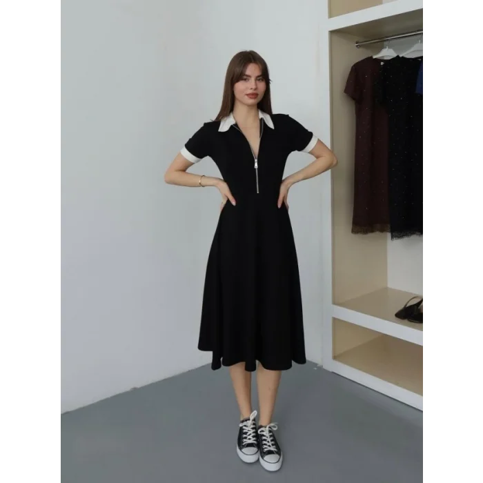Kadın Polo Yaka Fermuar Detaylı Modal Midi Elbise