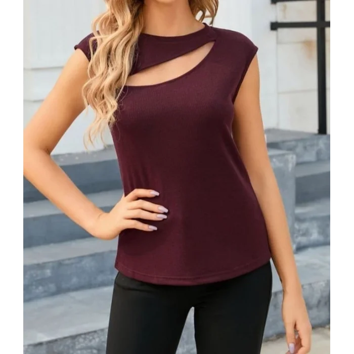 Kadın Sıfır Kol Pencere Detay Viskon T-shirt