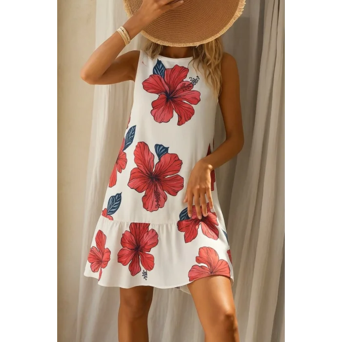 Kadın Sıfır Kol Sırttan Bağlamalı Fırfırlı çiçek Desenli Süprem Elbise