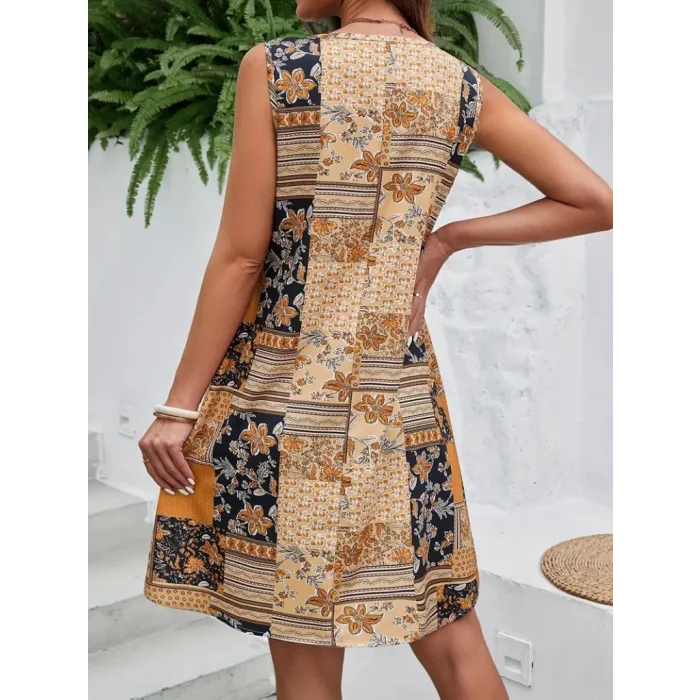 Kadın Sıfır Kol Yuvarlak Yaka çiçek Desenli Süprem Elbise