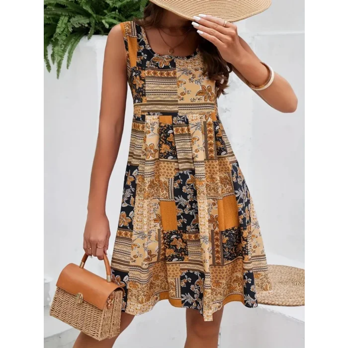 Kadın Sıfır Kol Yuvarlak Yaka çiçek Desenli Süprem Elbise