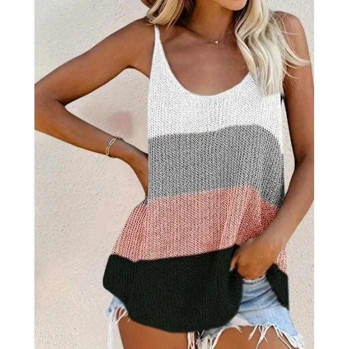 Kadın Sıfır Kol Yuvarlak Yaka Salaş Triko Bluz