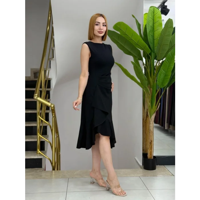 Kadın Sıfır Kollu Belden Büzgülü Eteği Volanlı Asimetrik Kesim Midi Janjan Krep Elbise