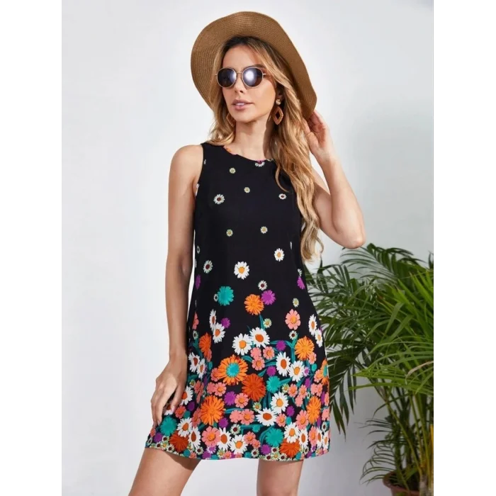 Kadın Sıfır Kollu Bisiklet Yaka çiçek Desenli Süprem Mini Elbise