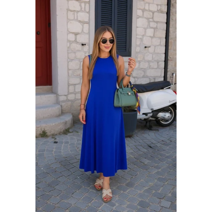 Kadın Sıfır Kollu Bisiklet Yaka Viskon Elbise