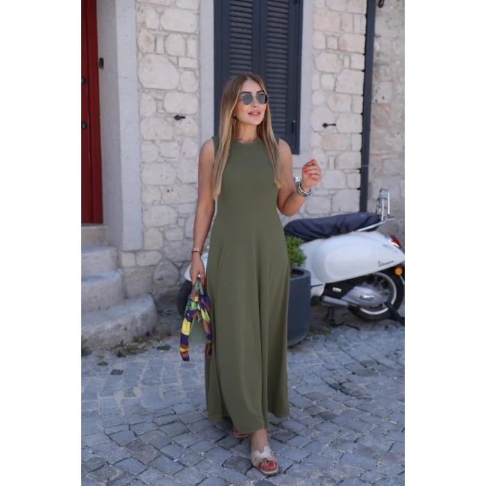 Kadın Sıfır Kollu Bisiklet Yaka Viskon Elbise