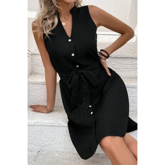 Kadın Sıfır Kollu Hakim Yaka önden Düğmeli Belden Kuşaklı Ithal Keten Elbise