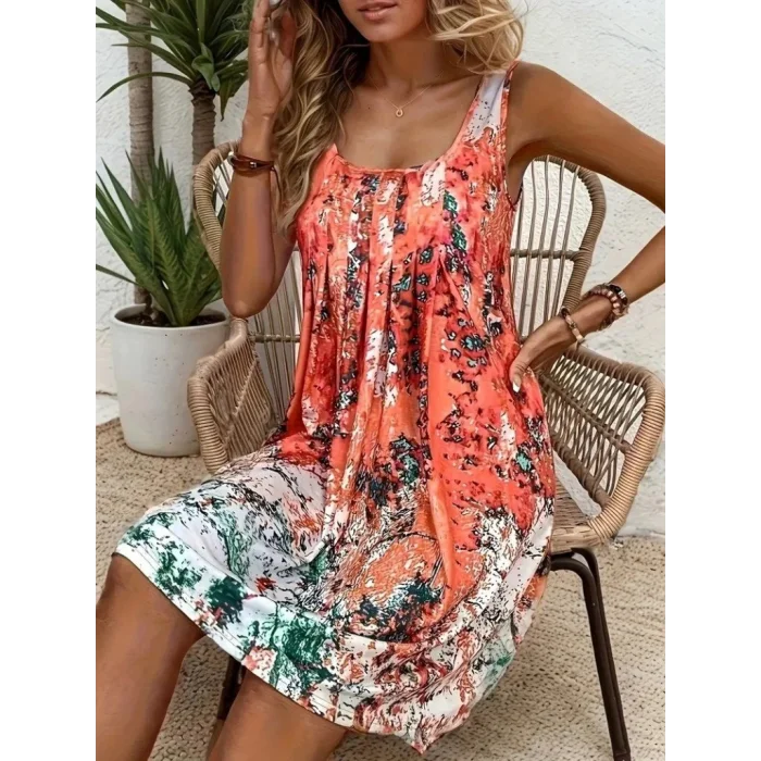 Kadın Sıfır Kollu Kare Yaka önden Pileli Salaş Süprem Elbise