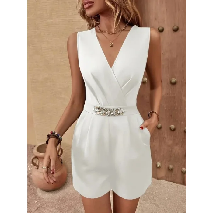 Kadın Sıfır Kollu V Yakalı Cep Detaylı Ithal Krep Tulum