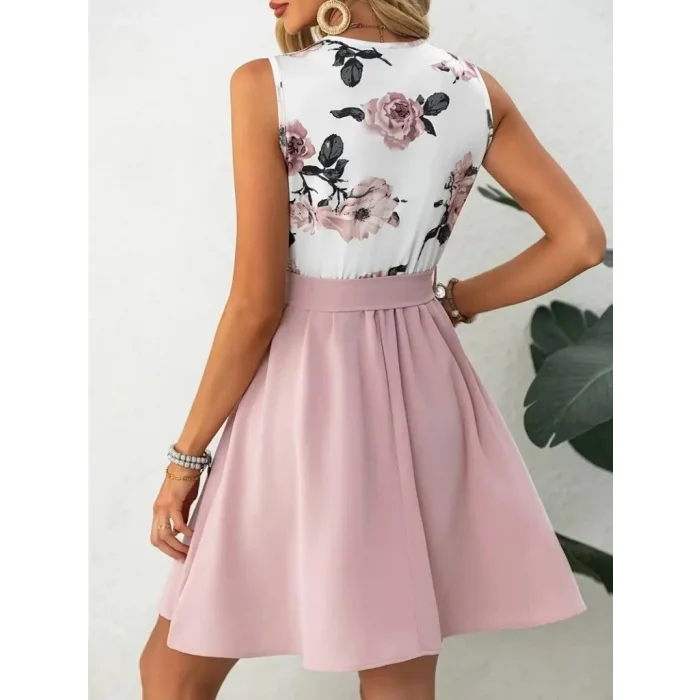 Kadın Sıfır Kollu V Yakalı çiçek Baskılı Beli Kuşaklı Dalgıç Elbise