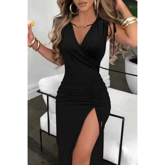 Kadın Sıfır Kollu V Yakalı Yırtmaç Detaylı Beli Büzgülü Omuzdan Bağcıklı Sandy Maxi Elbise