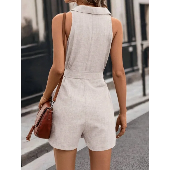 Kadın Sıfır Kollu Yakalı Düğmeli Belden Kuşaklı Kısa Keten Tulum