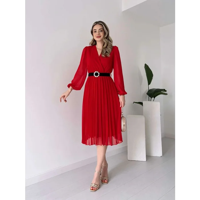 Kadın şifon Kumaş Astalı Kloş Kesim Kruvaze Yaka Midi Boy Elbise