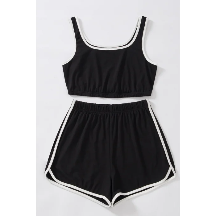 Kadın Siyah Askılı Crop Top ve Şortlu Gecelik Takım