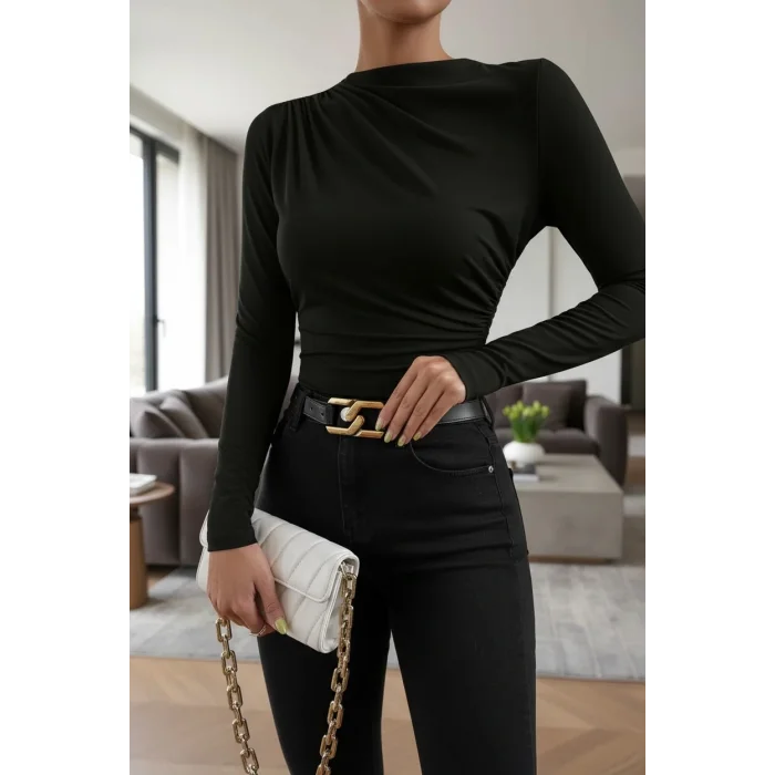 Kadın Siyah Belden ve Boyundan Büzgü Detaylı Uzun Kollu Bluz