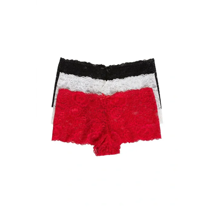 Kadın Siyah Beyaz Kırmızı 3lü Paket Dantel Tanga Şort Külot – Modern ve Şık Tasarım