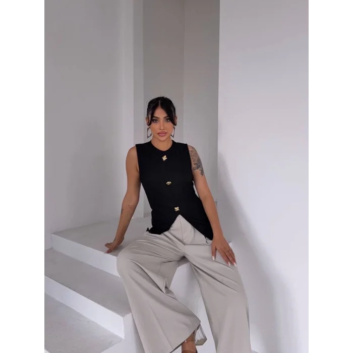 Kadın siyah bisiklet yaka gold düğmeli ottoman bluz s2310