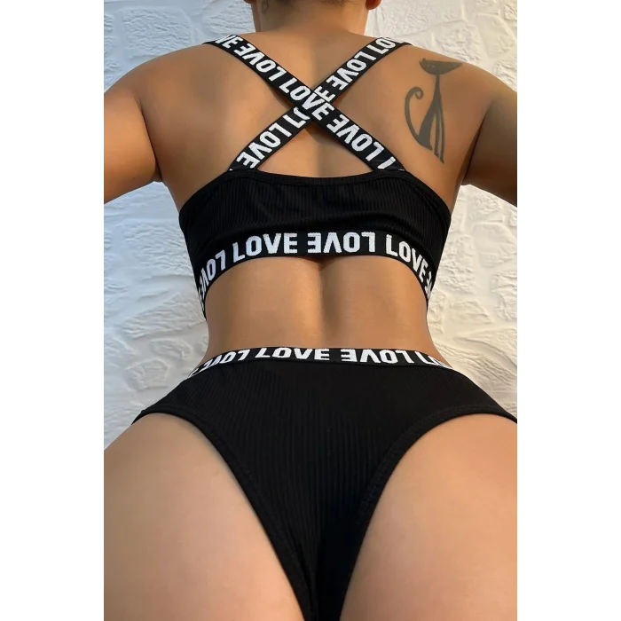 Kadın Siyah Çapraz Sırt Ve Love Yazı Detaylı Iç Çamaşır Takımı – Modern, Konforlu