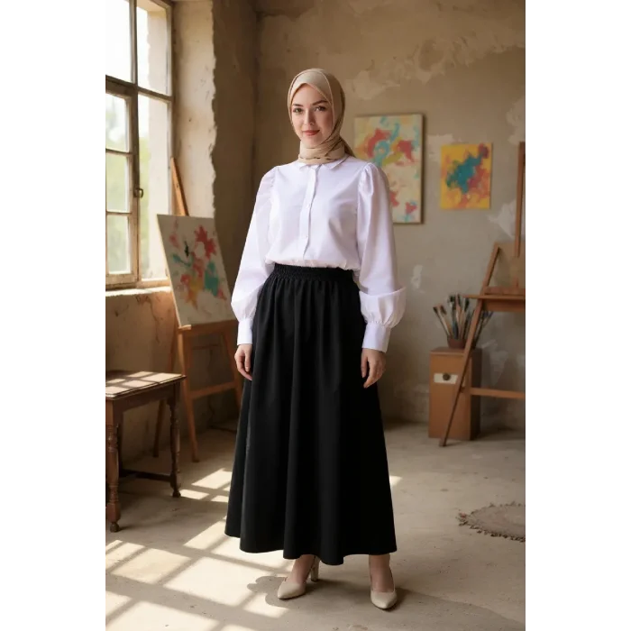 Kadın Siyah Double Kumaş Beli Lastikli Cepli Etek