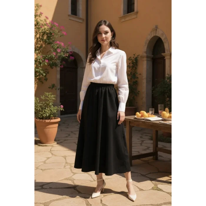 Kadın Siyah Double Kumaş Beli Lastikli Cepli Etek