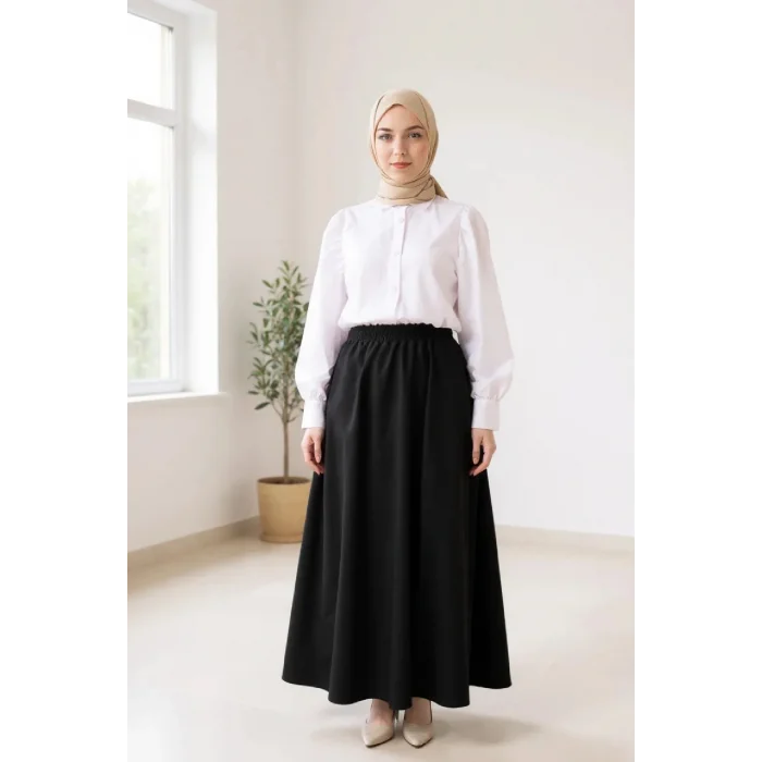 Kadın Siyah Double Kumaş Beli Lastikli Cepli Etek