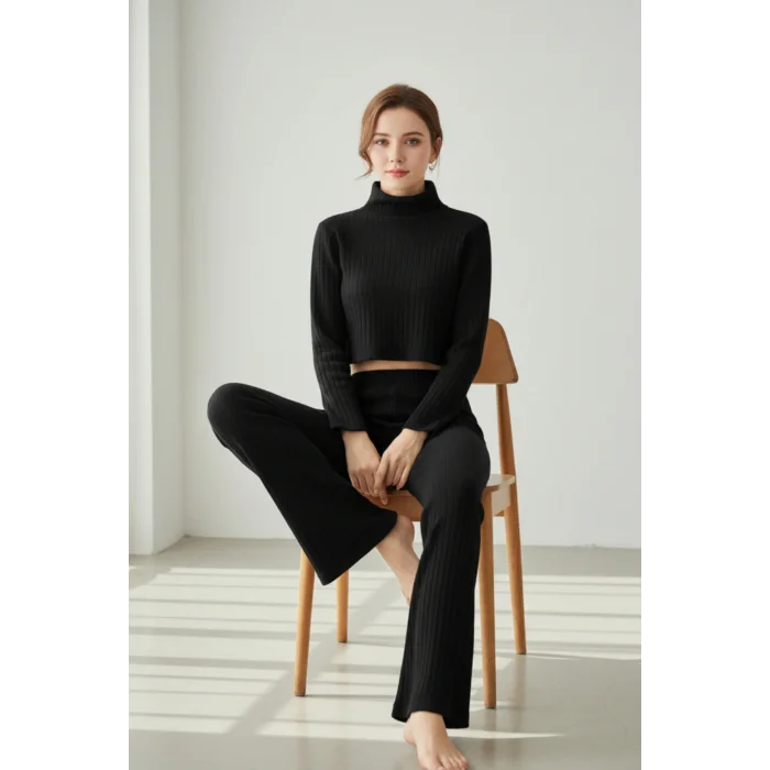 Kadın Siyah Fitilli Eşofman Takımı – Crop Uzun Kollu Üst & Paça Pantolon, Şık Günlük Set