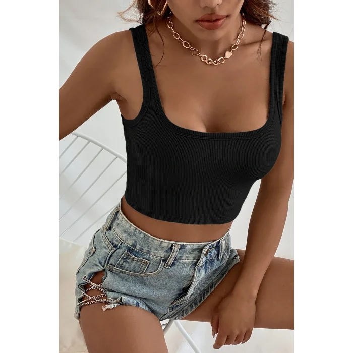 Kadın Siyah Kalın Askılı Crop Top Büstiyer – Modern ve Şık Tasarım