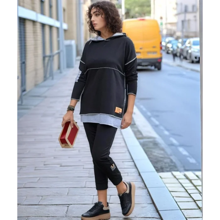 Kadın Siyah Kapşonlu Etek Ucu Detay Arma Ters Dikiş Gorunumlu Ikili Takım