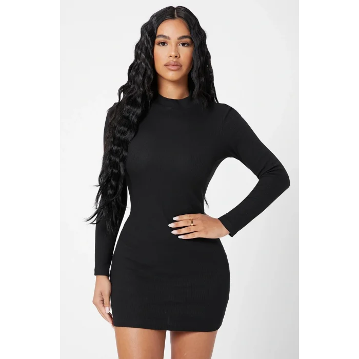 Kadın Siyah Kaşkorse Balıkçı Yaka Uzun Kollu Bodycon Mini Elbise