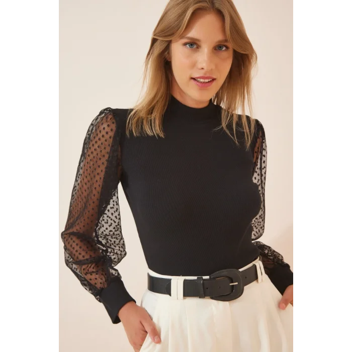 Kadın Siyah Kolu Tül Detaylı Yarım Balıkçı Kaşkorse Bluz 6160