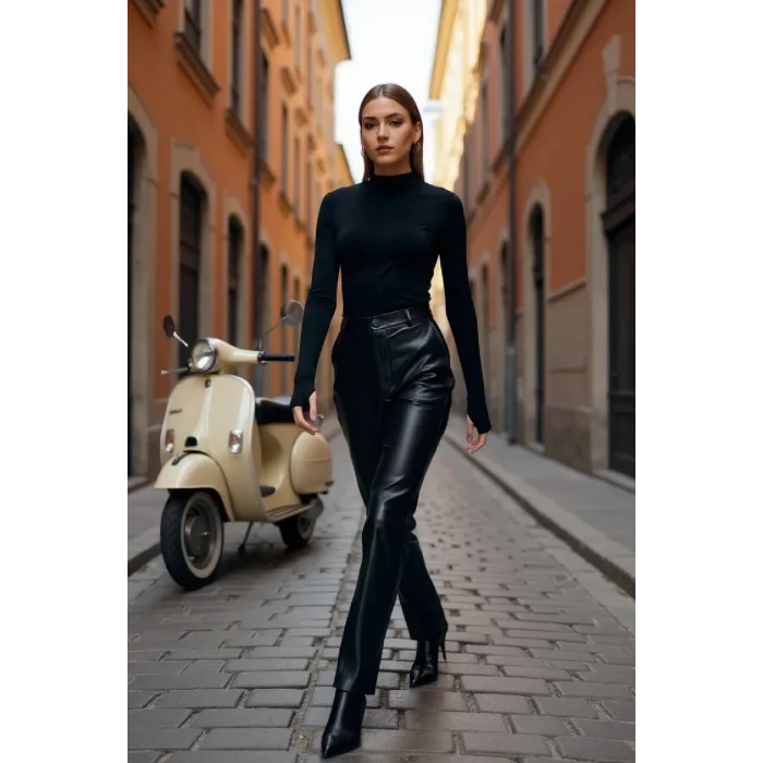 Kadın Siyah Parmak Detaylı Esnek Uzun Kollu Body