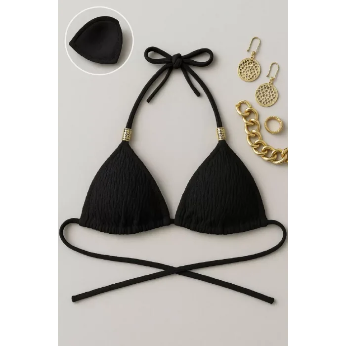 Kadın Siyah Pedli Üçgen Bikini Üstü Halter Bağlamalı Aksesuarlı