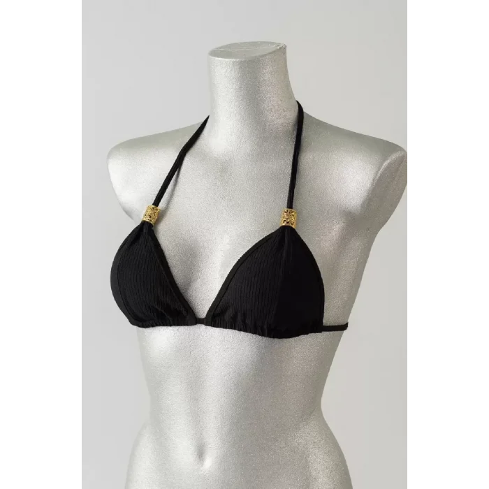 Kadın Siyah Pedli Üçgen Bikini Üstü Halter Bağlamalı Aksesuarlı