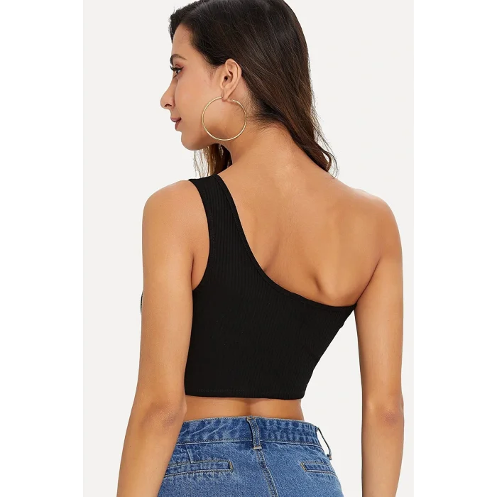 Kadın Siyah Tek Omuz Crop Büstiyer – Modern ve Şık Tasarım