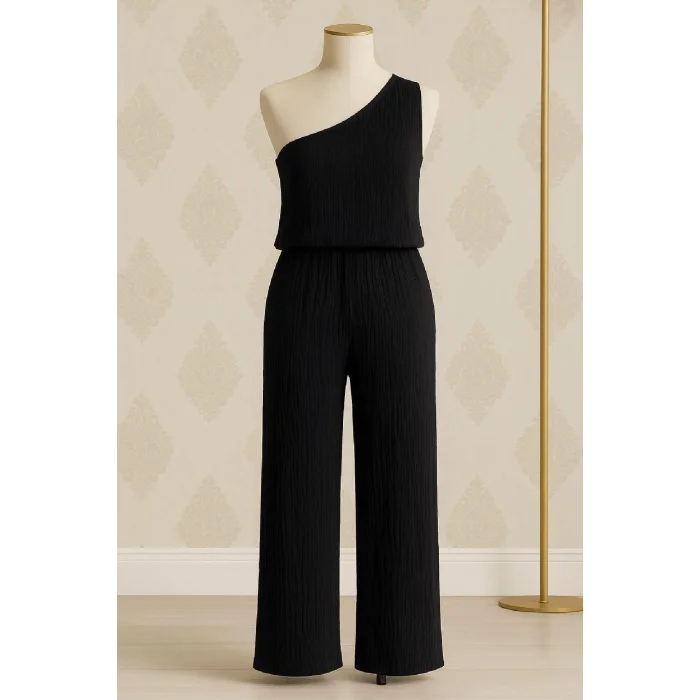 Kadın Siyah Tek Omuzlu Şık Bluz & Geniş Paça Pantolon İkili Takım – Modern, Konforlu ve Günlük Kombinlere Uygun