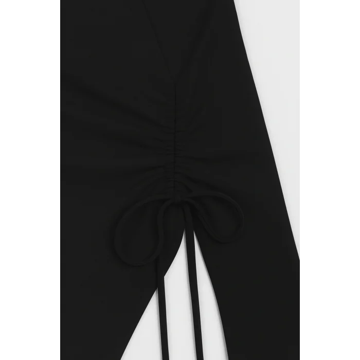 Kadın Siyah Uzun İspanyol Kollu Asimetirik Yaka Yandan Bağlamalı Drapeli Bluz